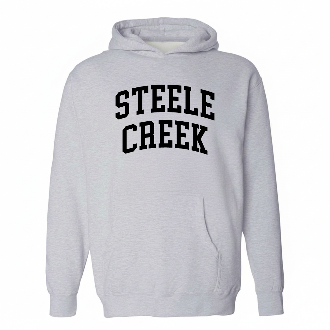 Heather-gray hoodie with the Steele Creek varsity arched lettering design on the chest.