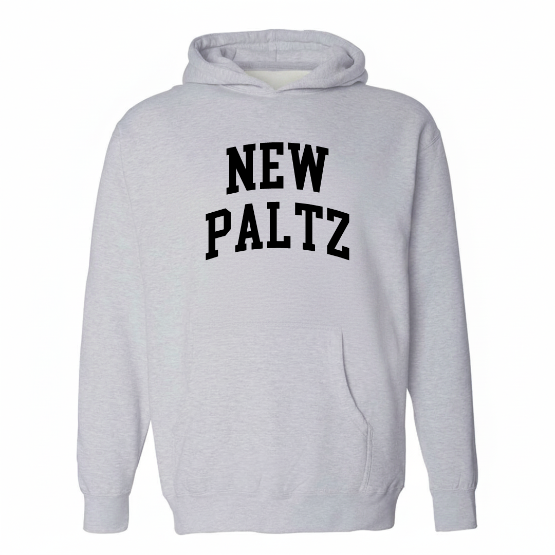 Heather-gray hoodie with the New Paltz varsity arched lettering design on the chest.