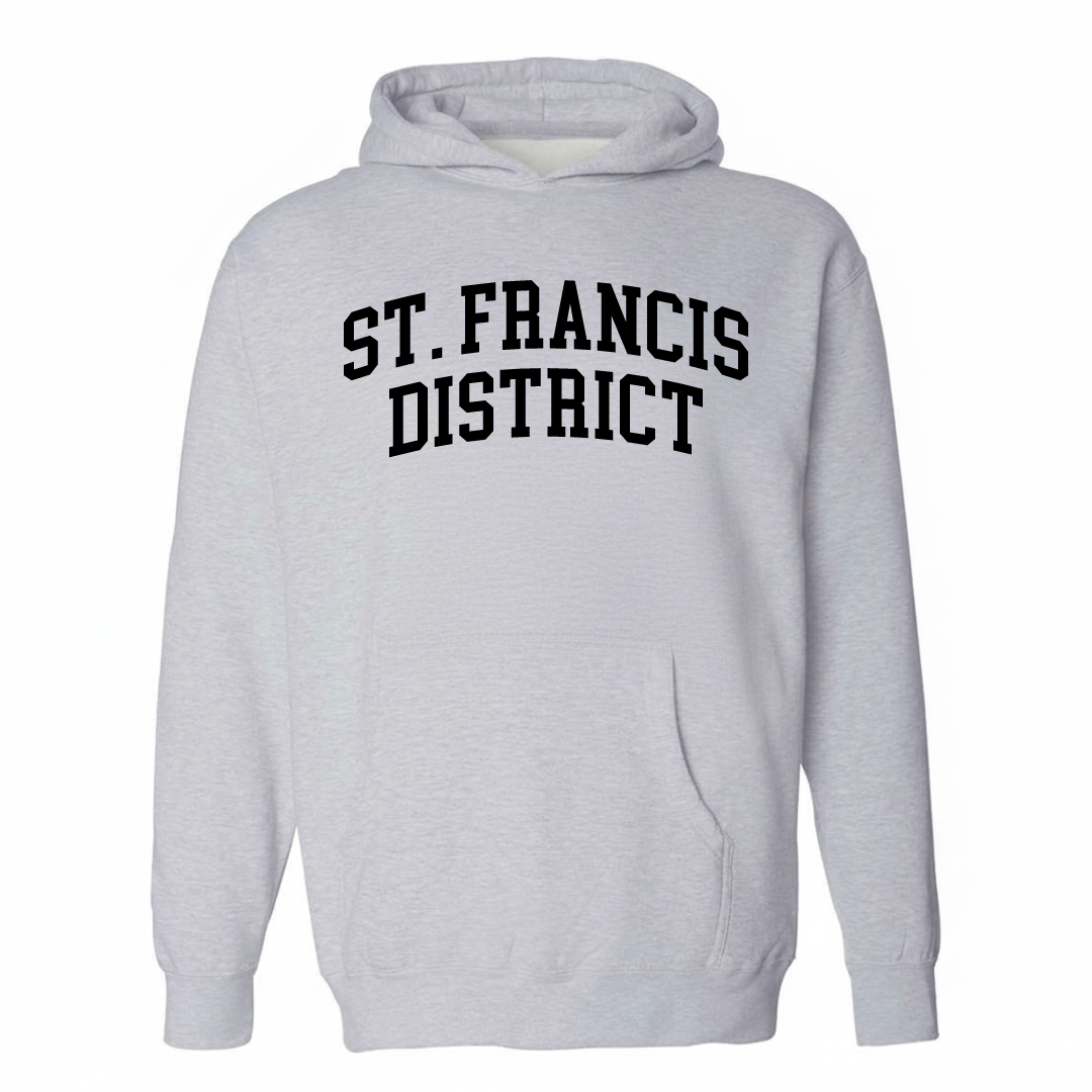 Heather-gray hoodie with the St. Francis District varsity arched lettering design on the chest.