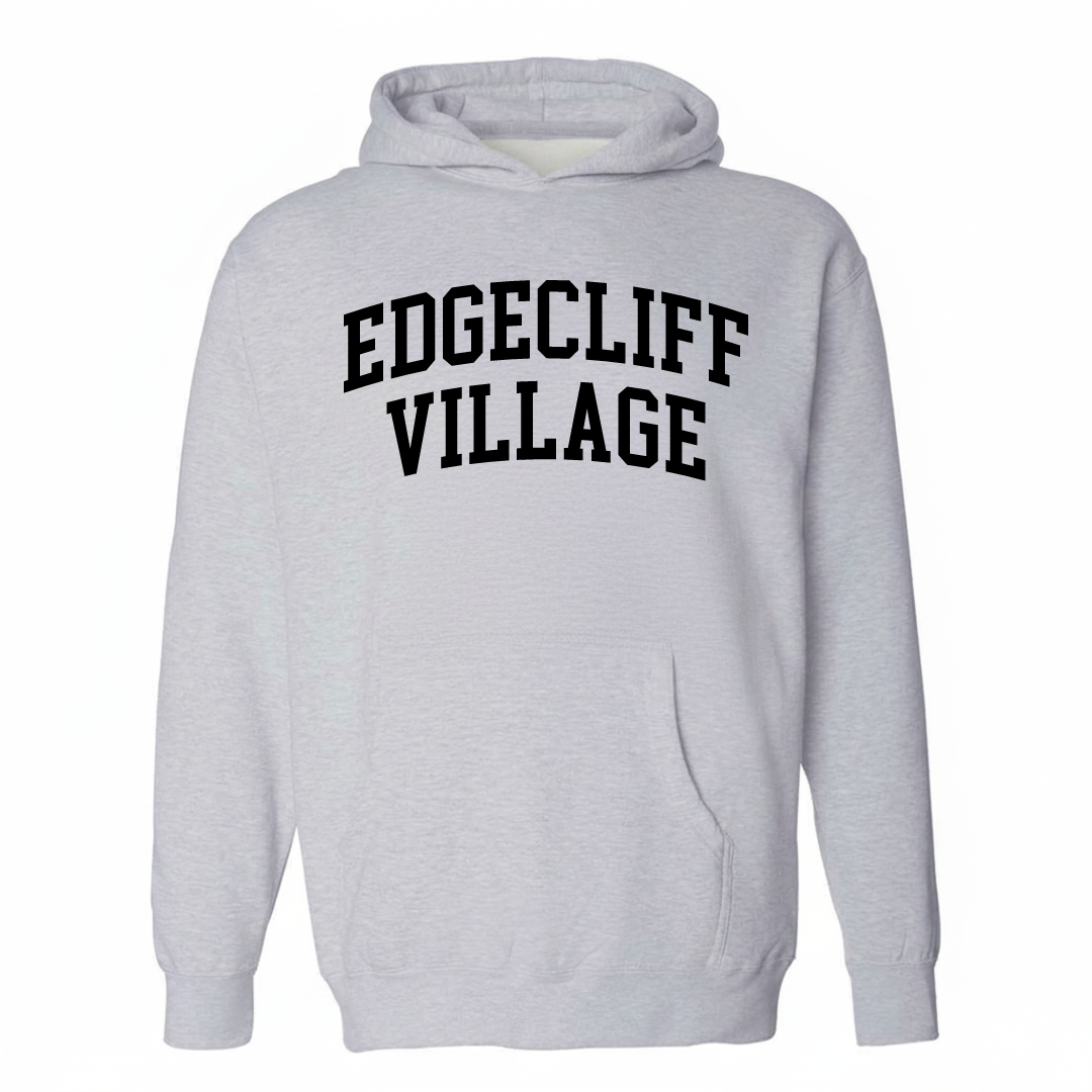 Heather-gray hoodie with the Edgecliff Village varsity arched lettering design on the chest.