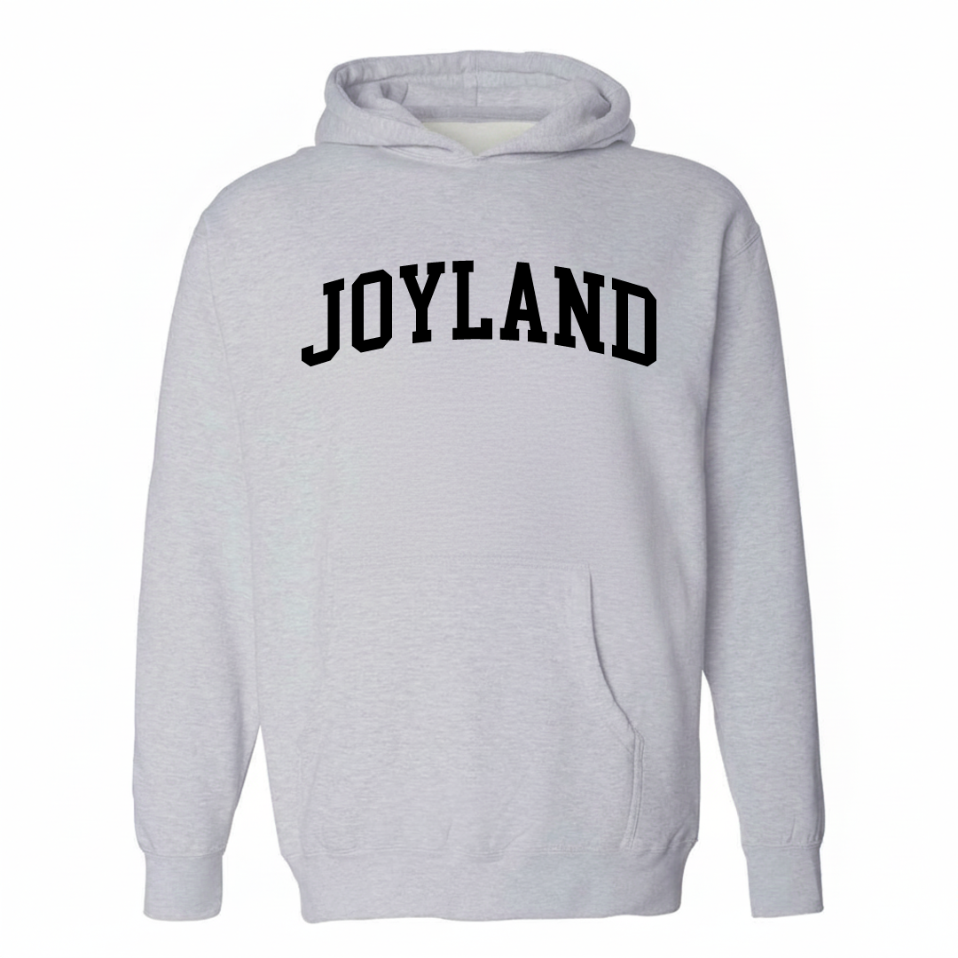 Heather-gray hoodie with the Joyland varsity arched lettering design on the chest.