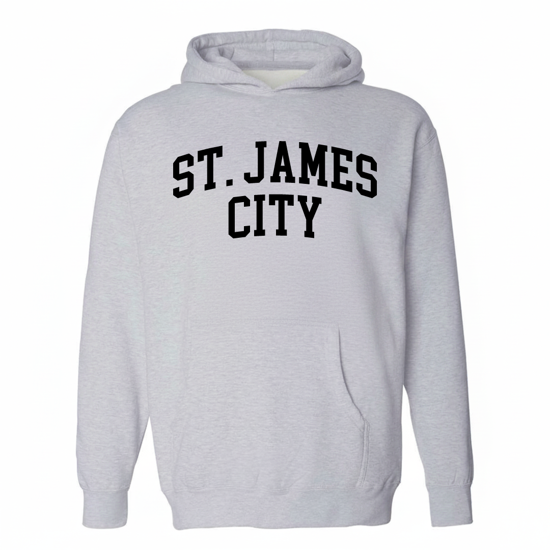 Heather-gray hoodie with the St. James City varsity arched lettering design on the chest.