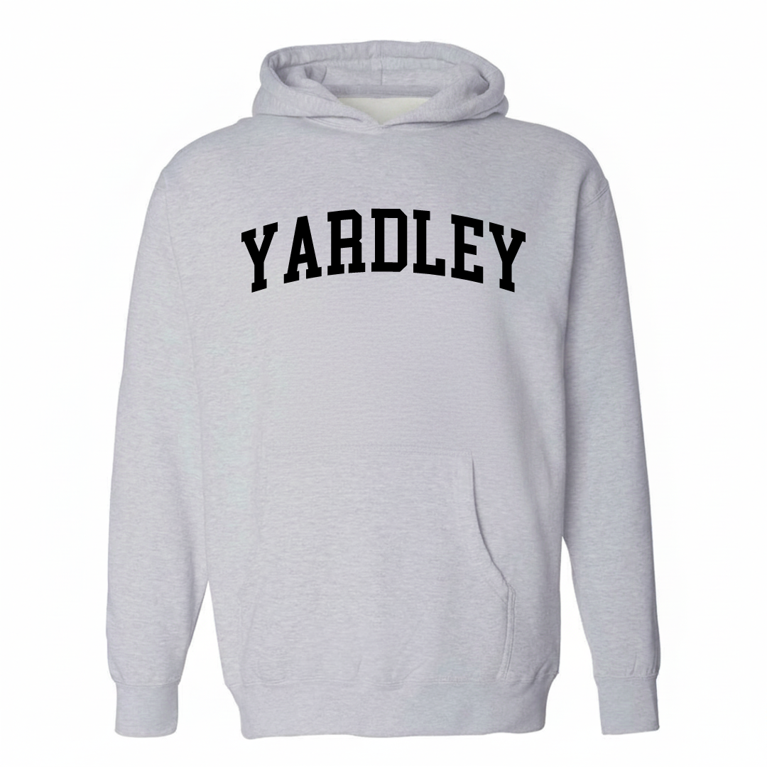 Heather-gray hoodie with the Yardley varsity arched lettering design on the chest.