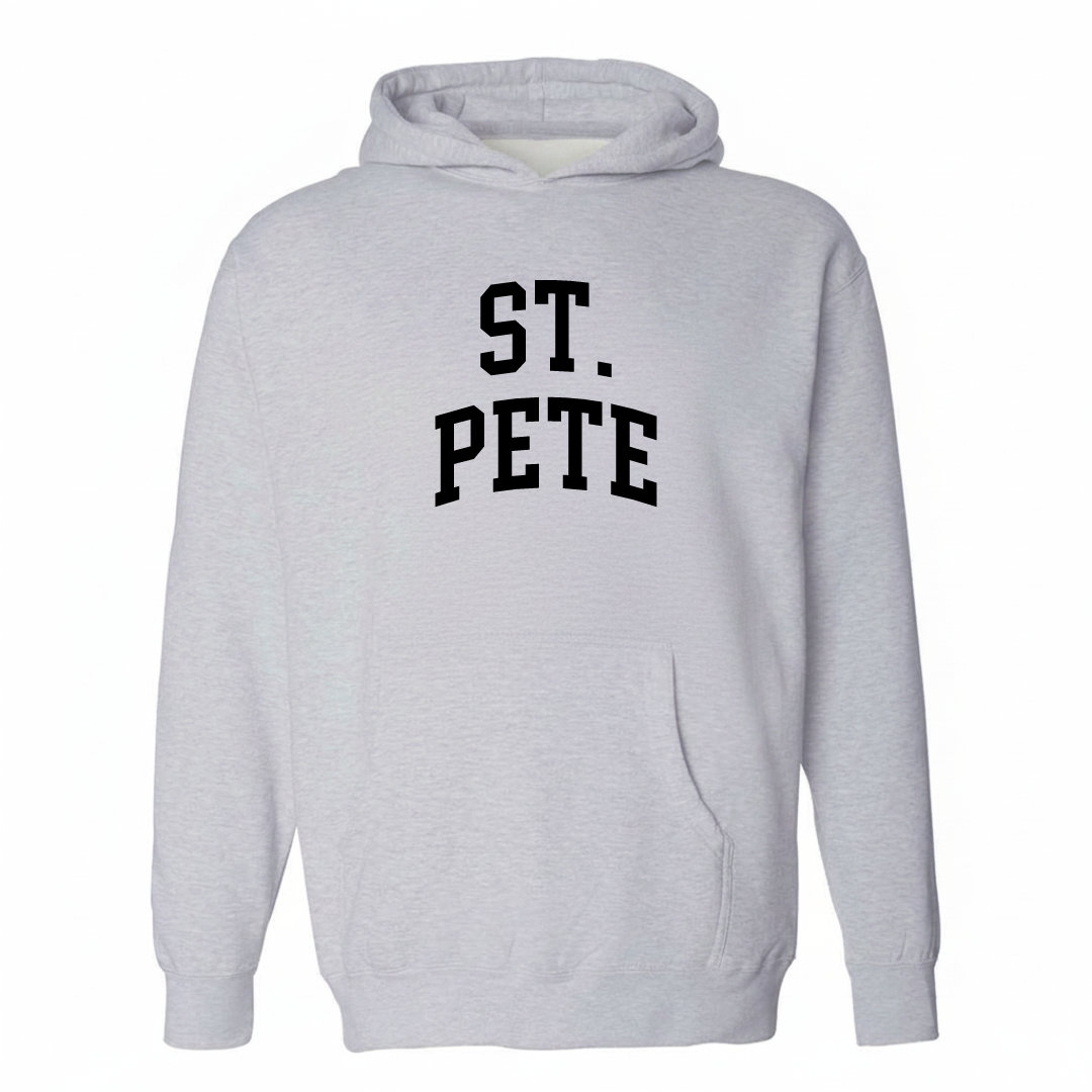 Heather-gray hoodie with the St. Pete varsity arched lettering design on the chest.