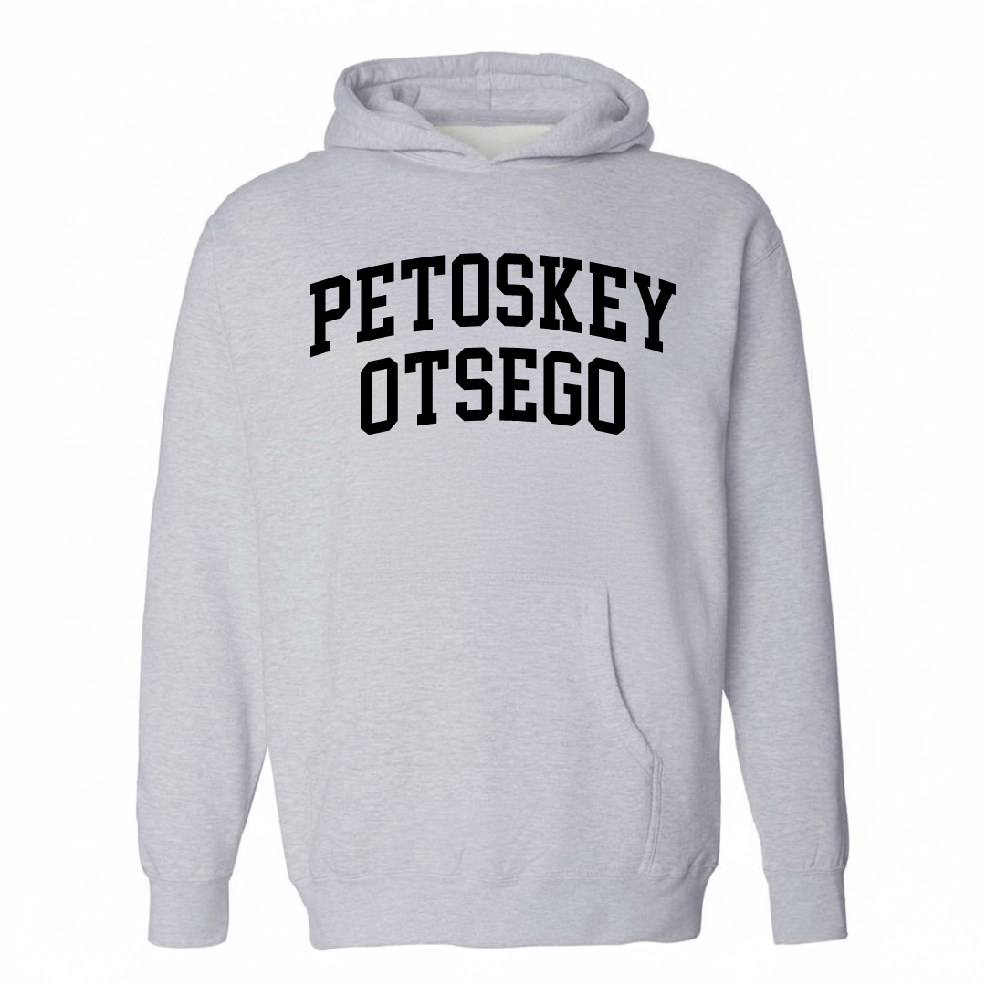 Heather-gray hoodie with the Petoskey-Otsego varsity arched lettering design on the chest.
