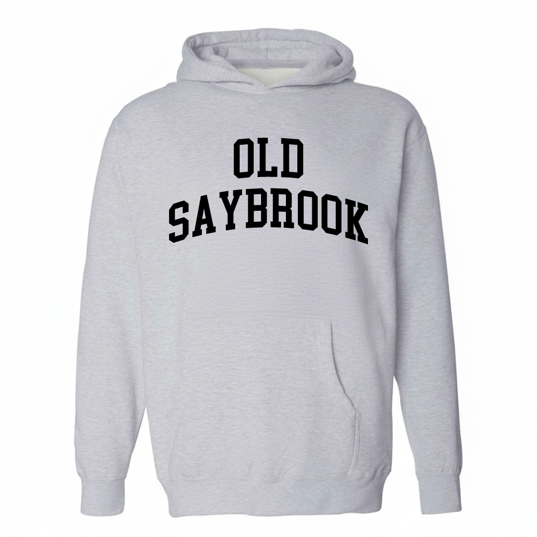 Heather-gray hoodie with the Old Saybrook varsity arched lettering design on the chest.
