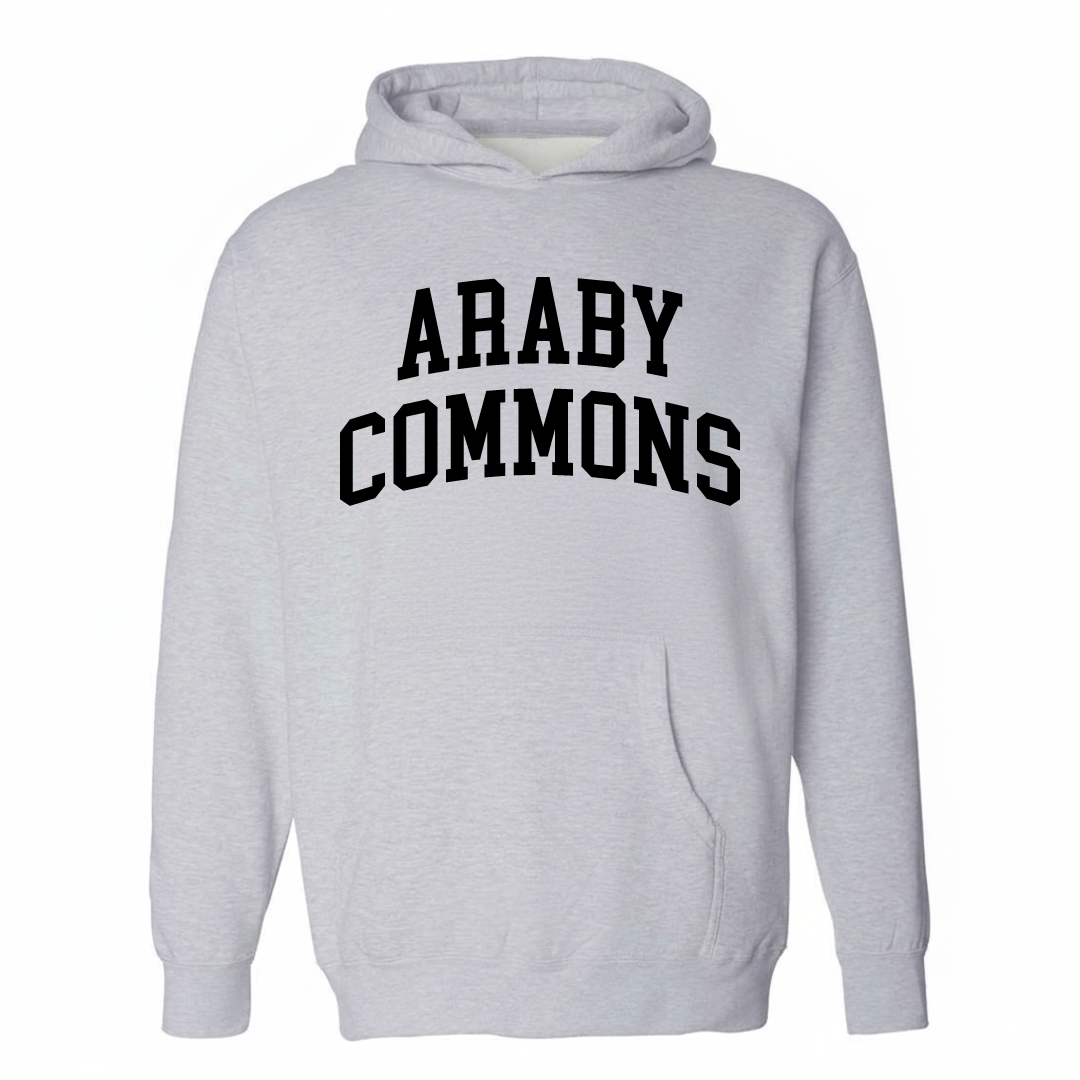 Heather-gray hoodie with the Araby Commons varsity arched lettering design on the chest.