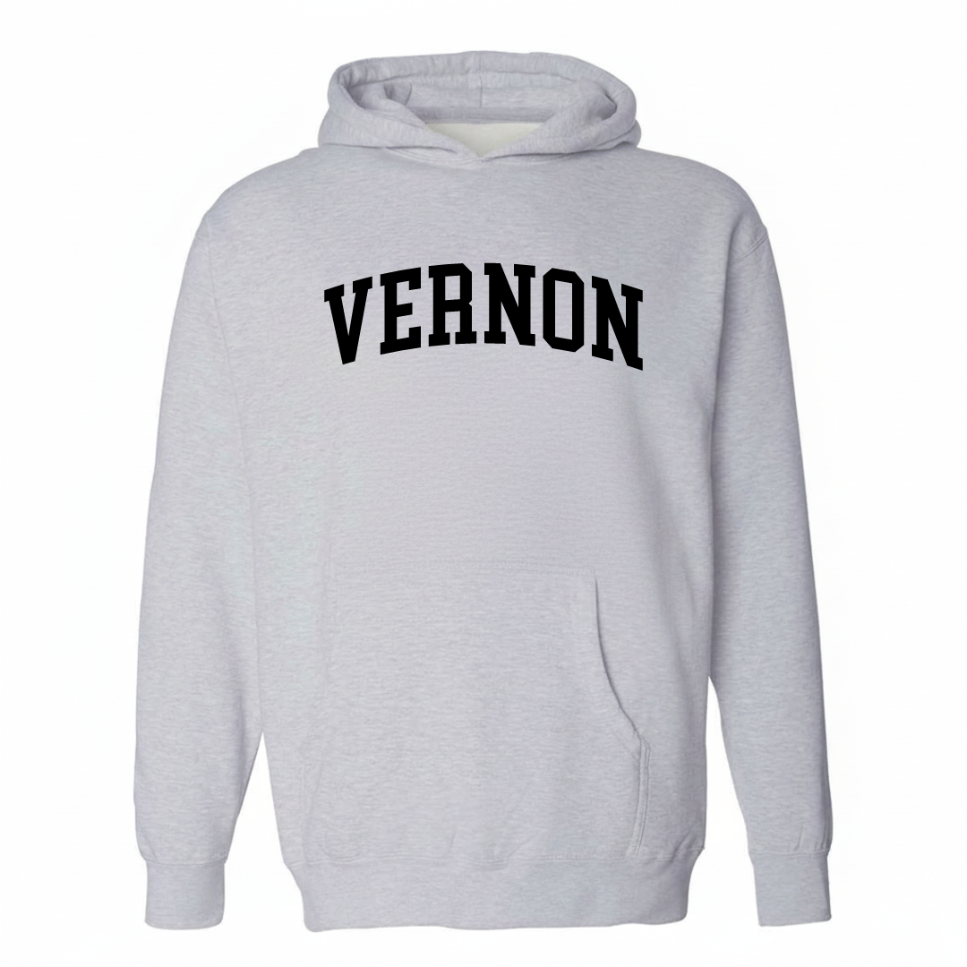 Heather-gray hoodie with the Vernon CT arched lettering varsity-collegiate design on the chest.