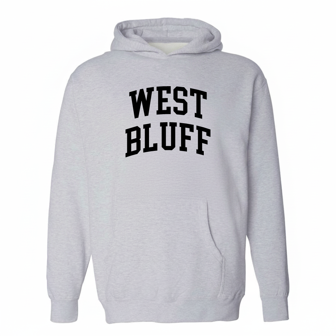 Heather-gray hoodie with the West Bluff arched varsity lettering design on the chest.