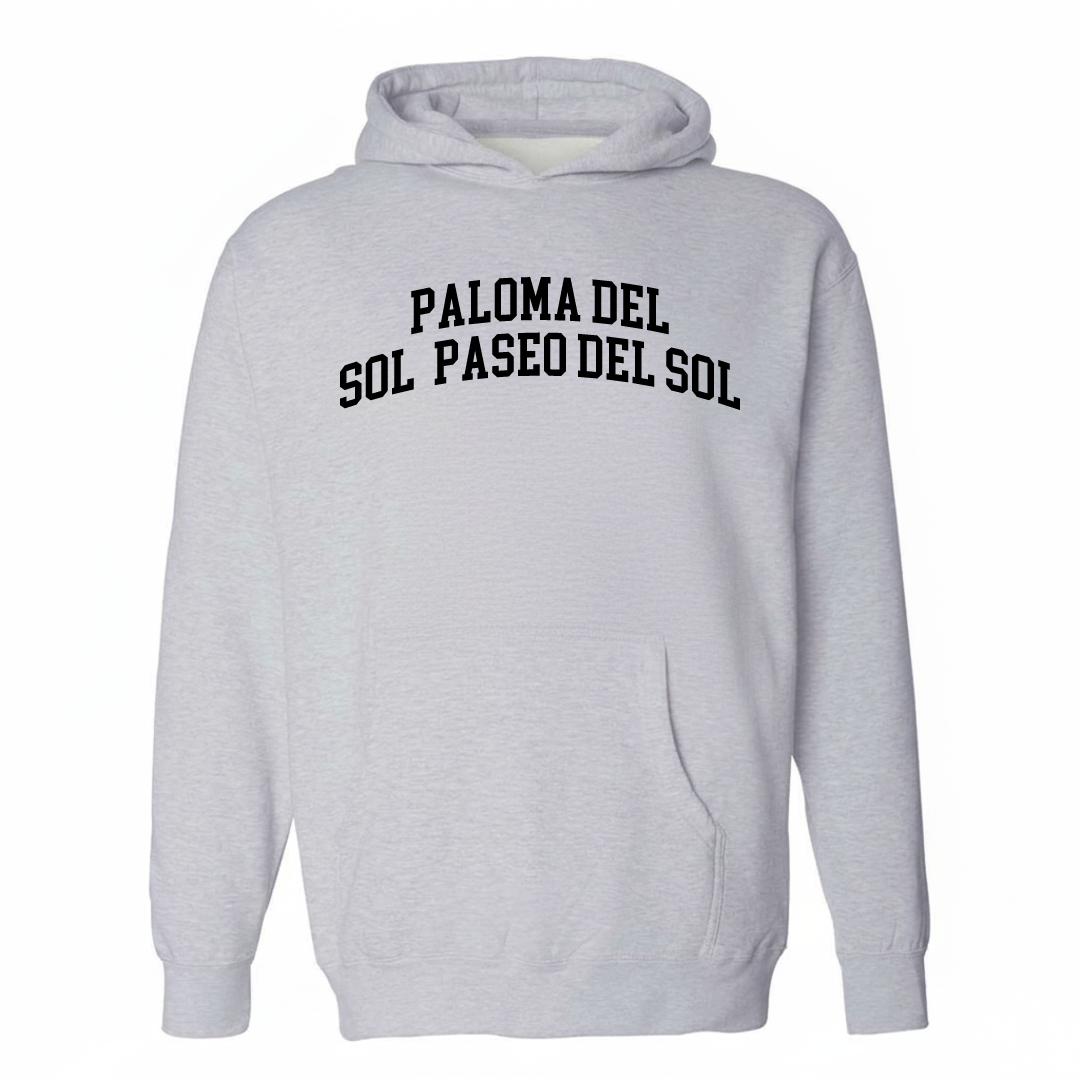 Heather-gray hoodie with the Paloma del Sol arched varsity lettering design on the chest.