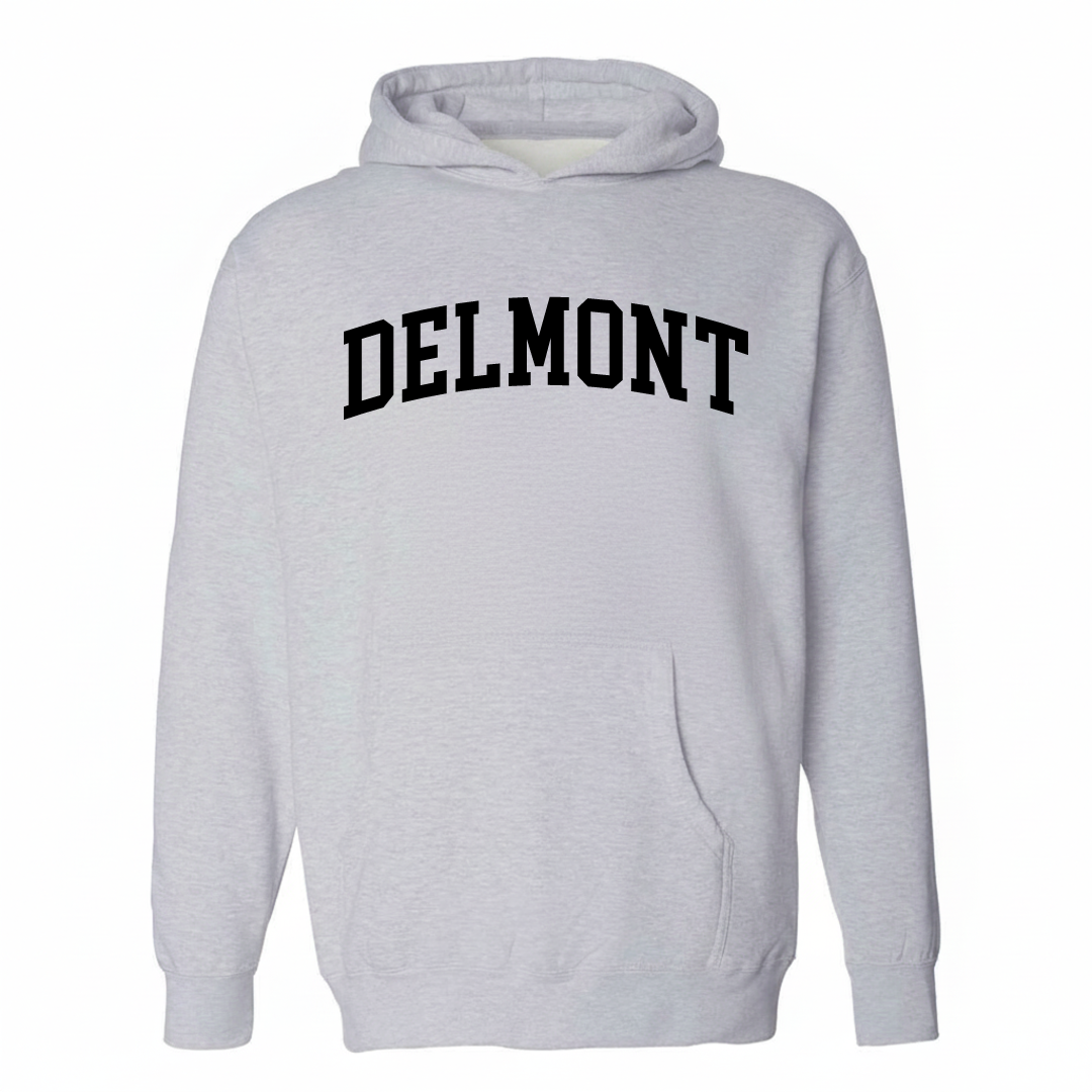 Heather-gray hoodie with the Delmont varsity arched lettering design on the chest.
