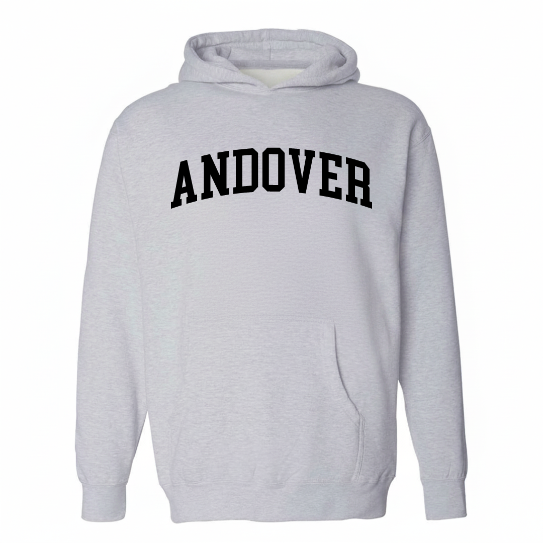 Heather-gray hoodie with the Andover varsity arched lettering design on the chest.