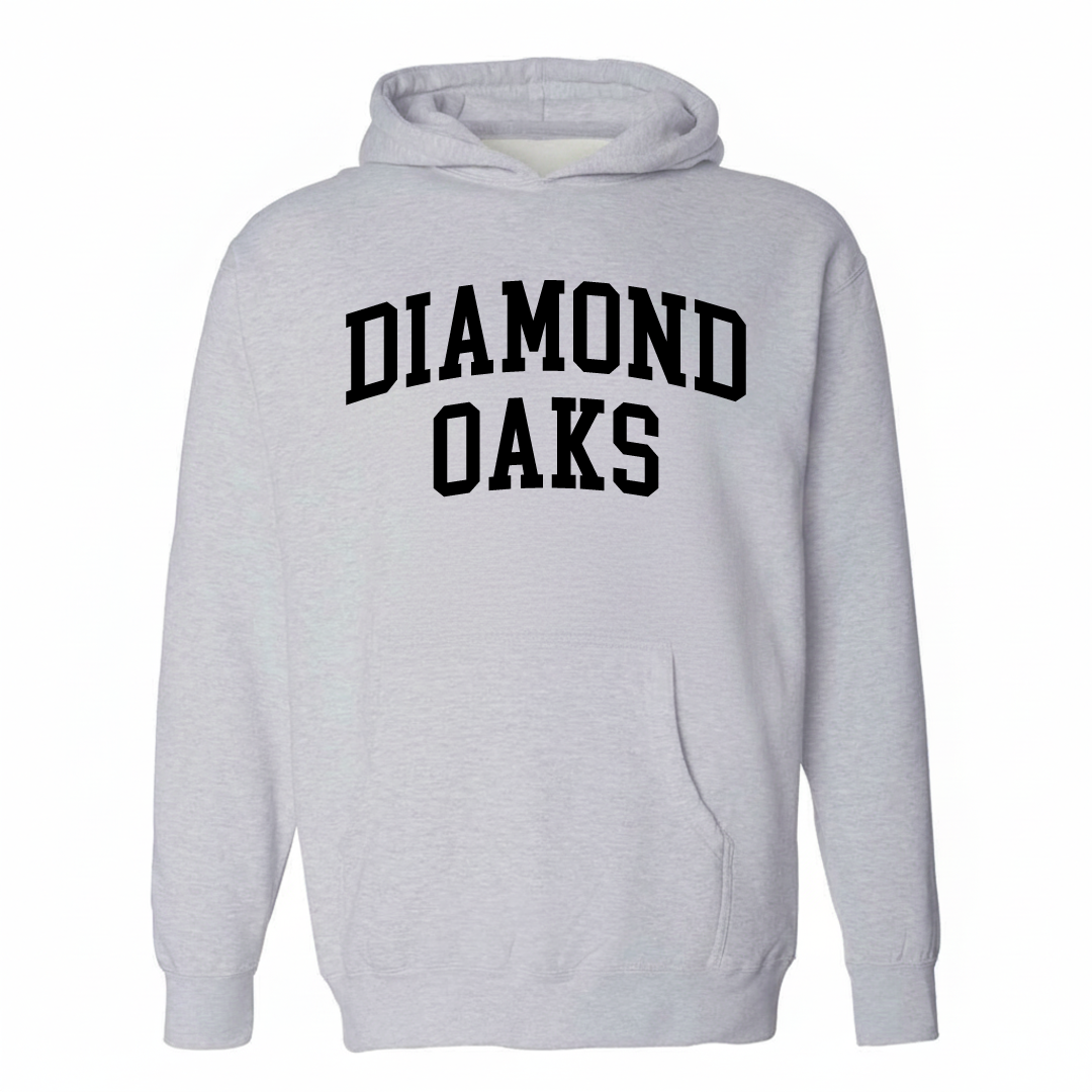 Heather-gray hoodie with the Diamond Oaks arched varsity lettering design on the chest.