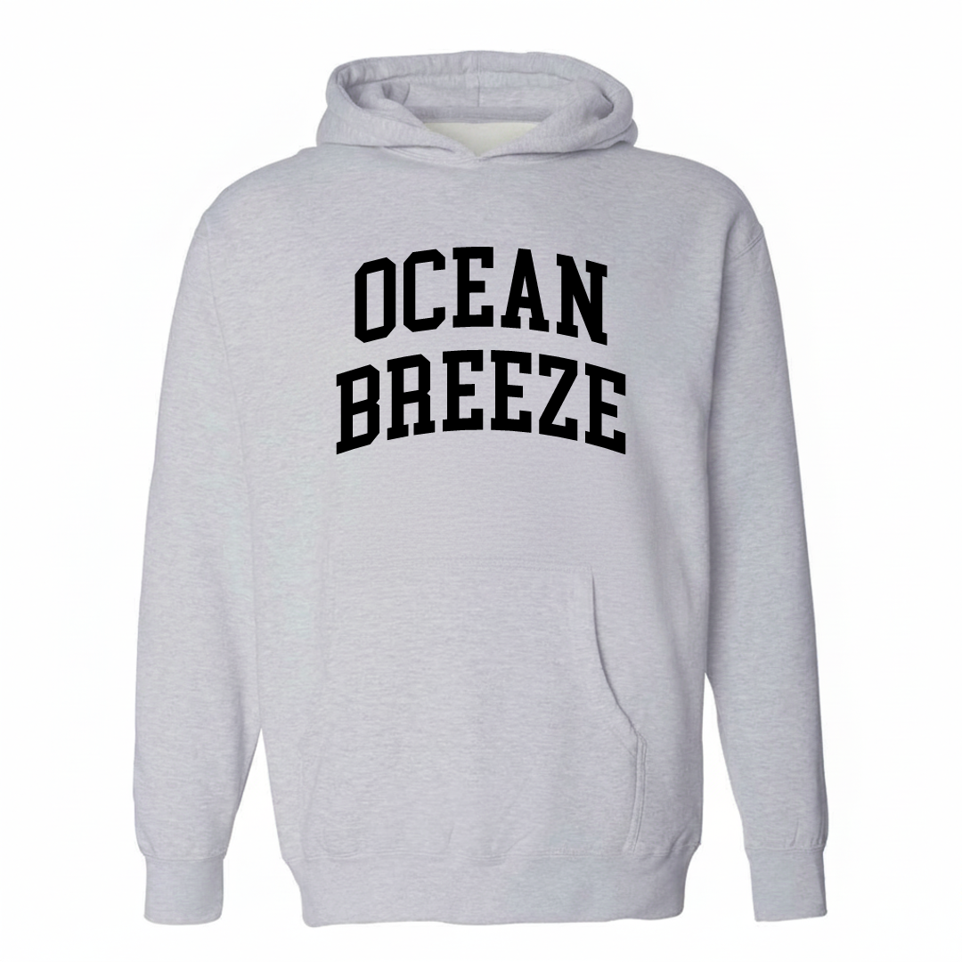Heather-gray hoodie with the Ocean Breeze varsity arched lettering design on the chest.
