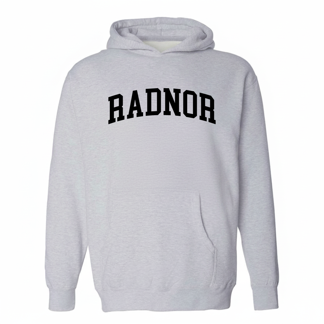 Heather-gray hoodie with the Radnor varsity arched lettering design on the chest.