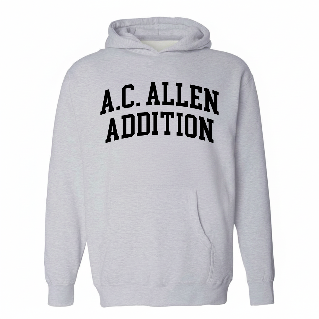 Heather-gray hoodie with the A.C. Allen Addition varsity arched lettering design on the chest.