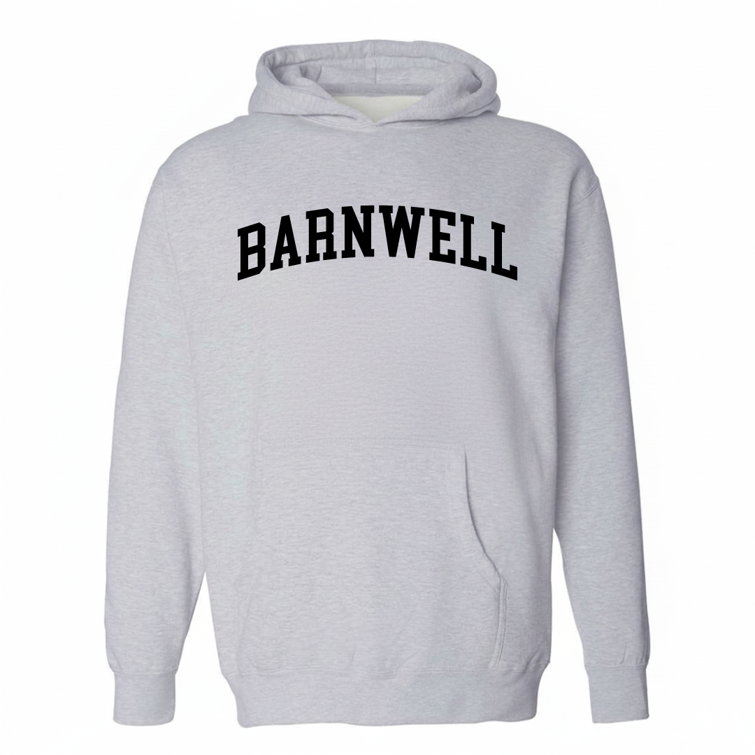Heather-gray hoodie with the Barnwell varsity arched lettering design on the chest.