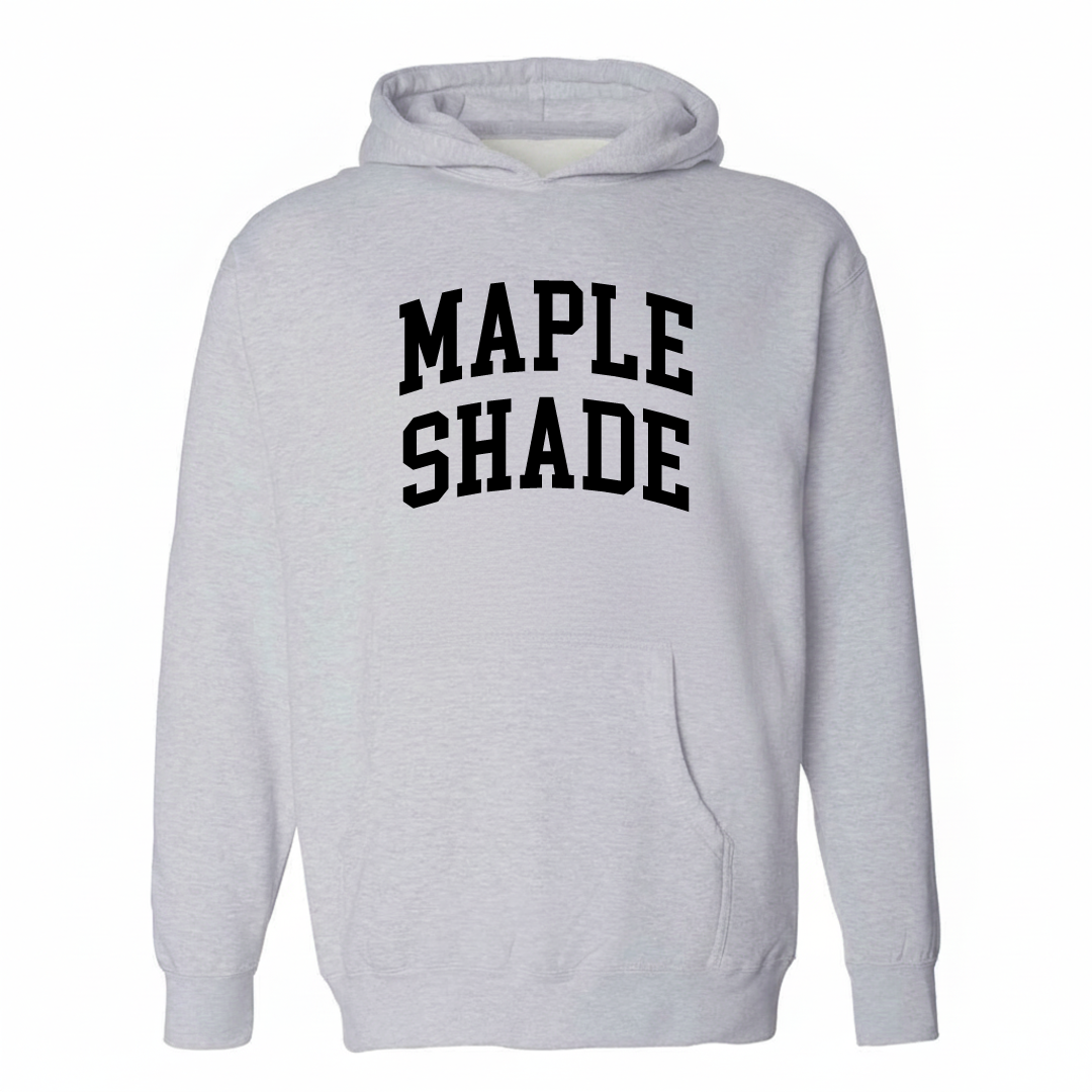 Heather-gray hoodie with the Maple Shade varsity arched lettering design on the chest.