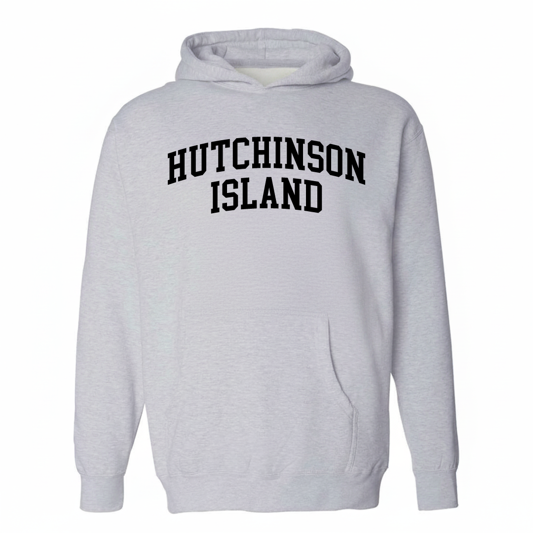 Heather-gray hoodie with the Hutchinson Island varsity arched lettering design on the chest.