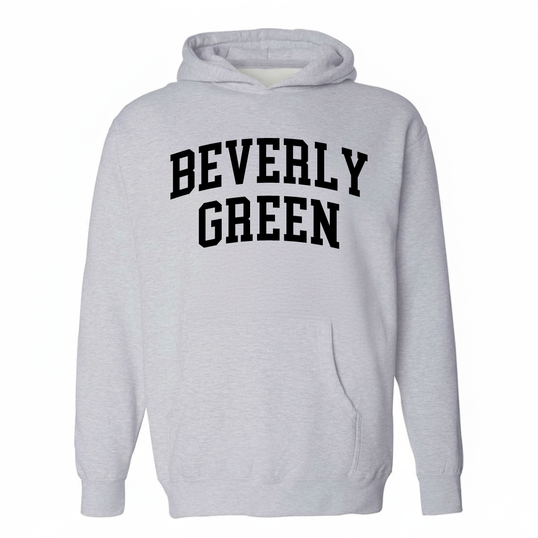 Heather-gray hoodie with the Beverly Green arched lettering varsity-collegiate design on the chest.