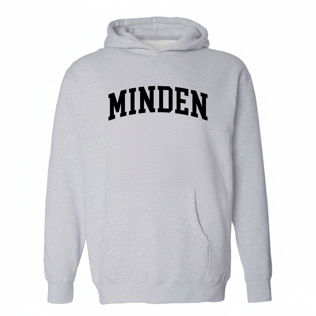 Heather-gray hoodie with the Minden arched lettering design on the chest.