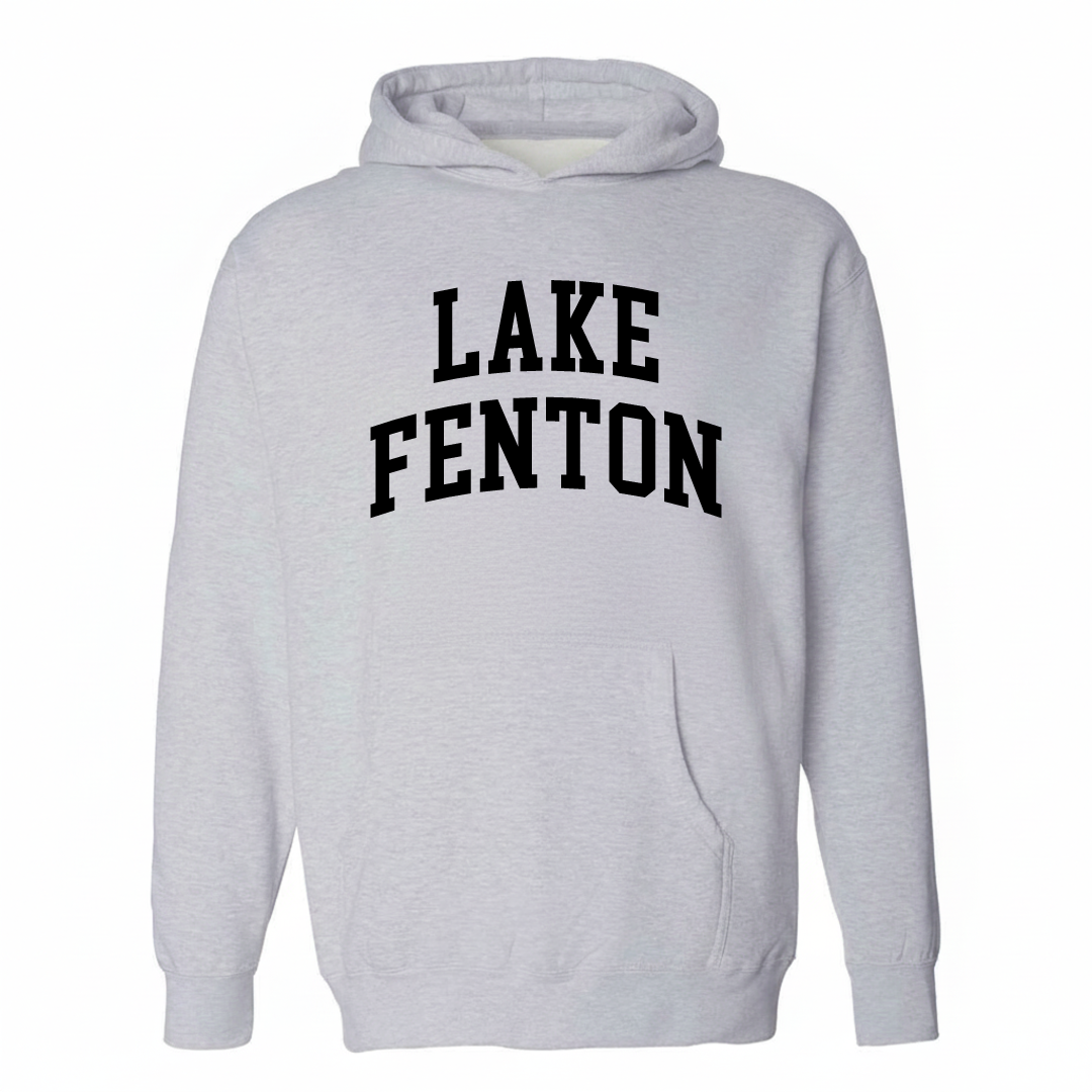Heather-gray hoodie with the Lake Fenton varsity arched lettering design on the chest.