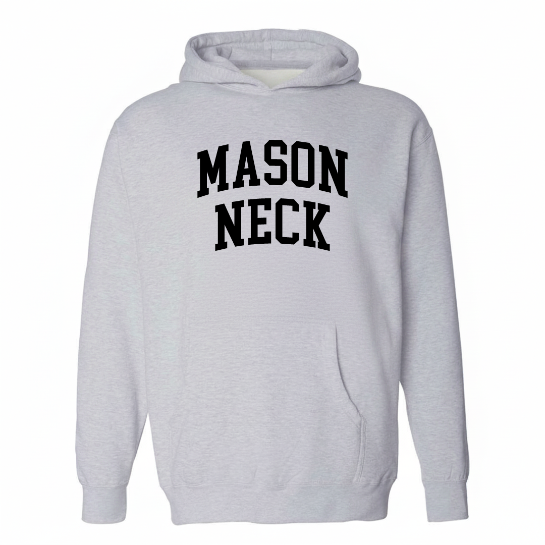 Heather-gray hoodie with the Mason Neck arched varsity lettering design on the chest.