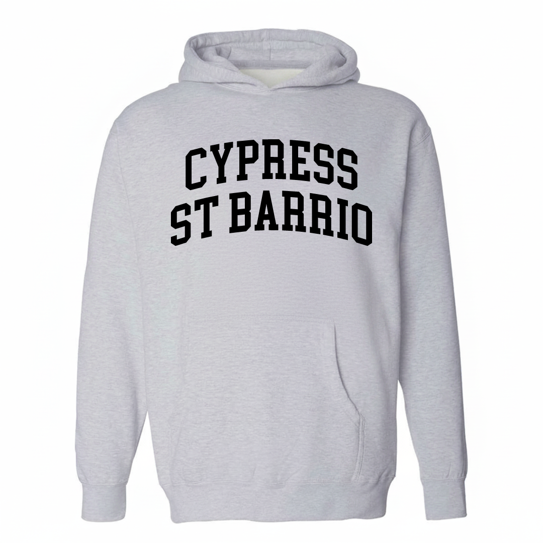 Heather-gray hoodie with the Cypress St Barrio varsity arched lettering design on the chest.