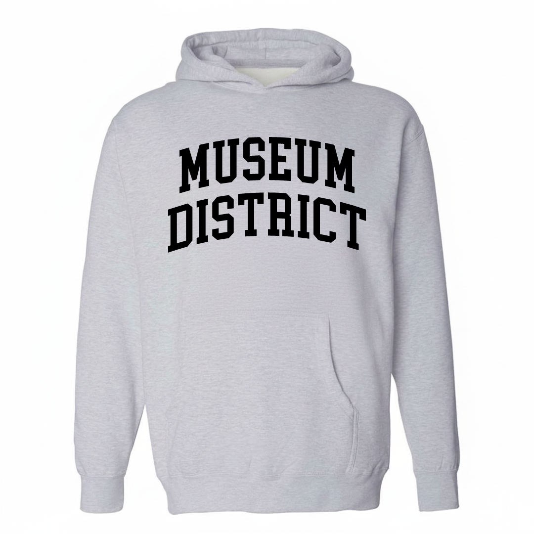 Heather-gray hoodie with the Museum District arched lettering varsity-collegiate design on the chest.