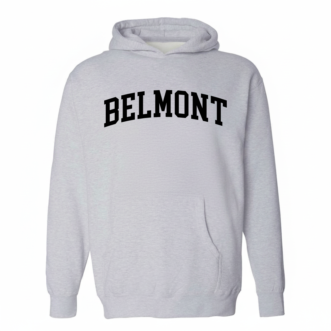 Heather-gray hoodie with the Belmont varsity arched lettering design on the chest.