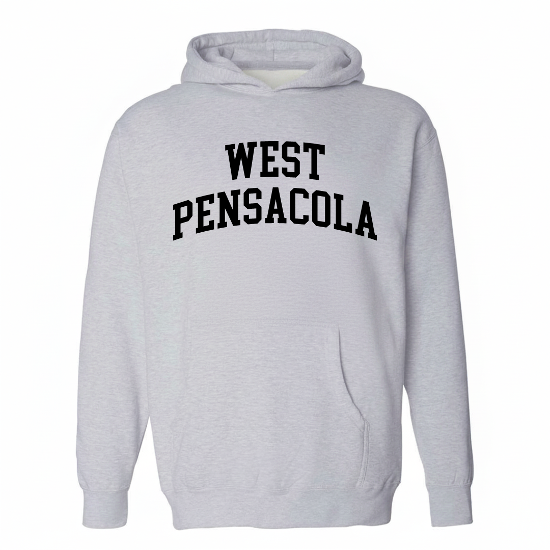 Heather-gray hoodie with the West Pensacola arched lettering design on the chest.