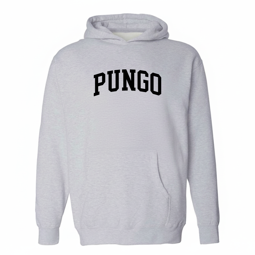 Heather-gray hoodie with the Pungo varsity arched lettering design on the chest.
