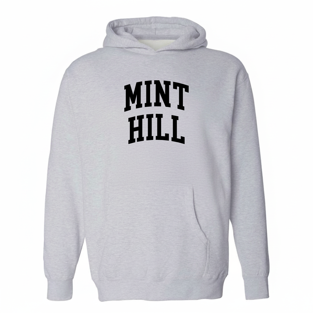 Heather-gray hoodie with the Mint Hill varsity arched lettering design on the chest.