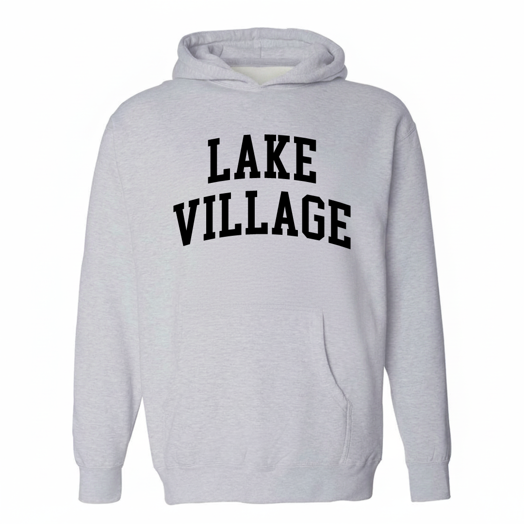 Heather-gray hoodie with the Lake Village arched varsity lettering design on the chest.