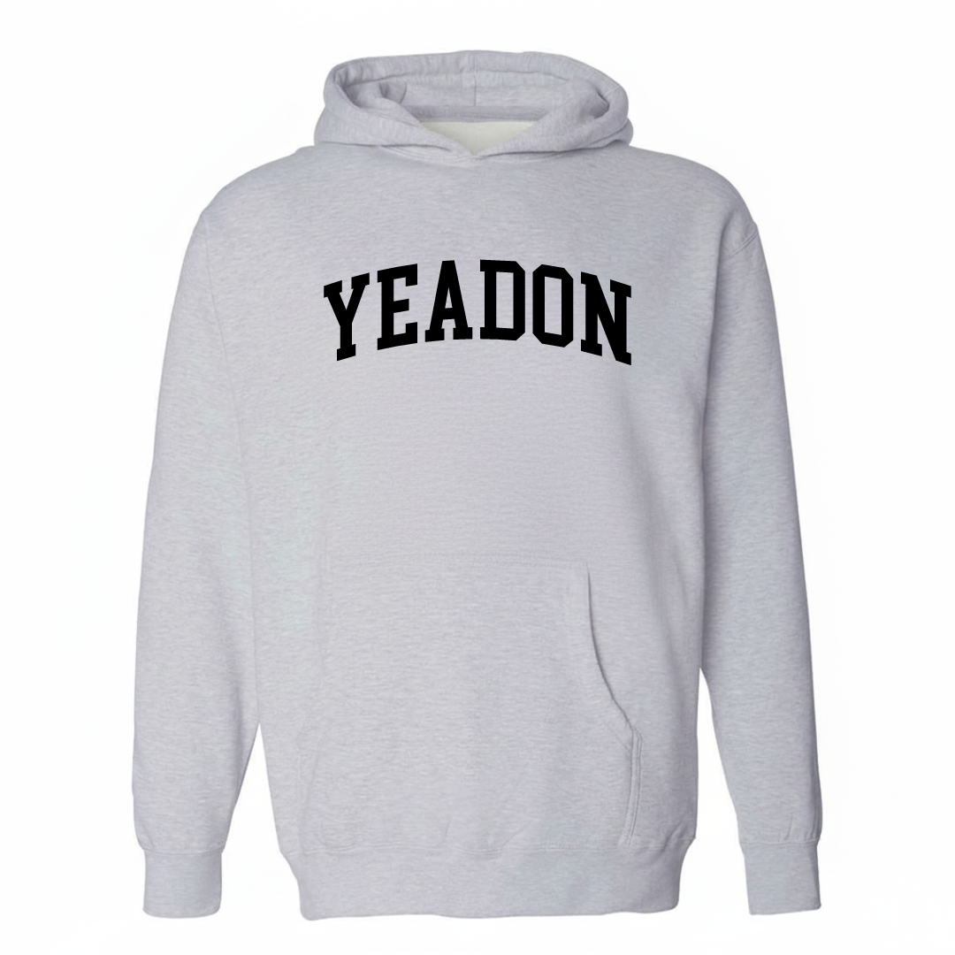 Heather-gray hoodie with the Yeadon varsity arched lettering design on the chest.