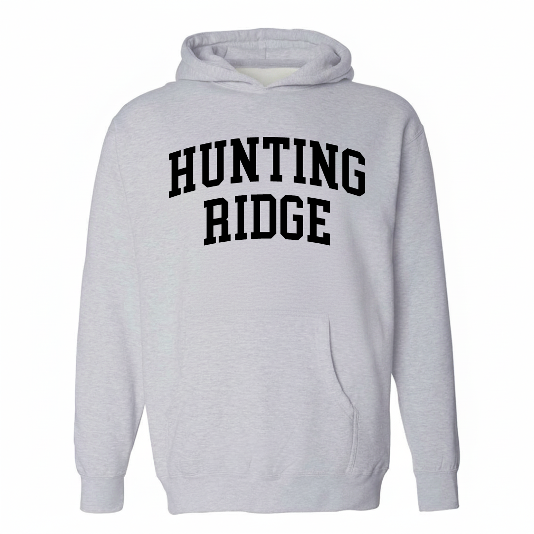Heather-gray hoodie with the Hunting Ridge varsity arched lettering design on the chest.
