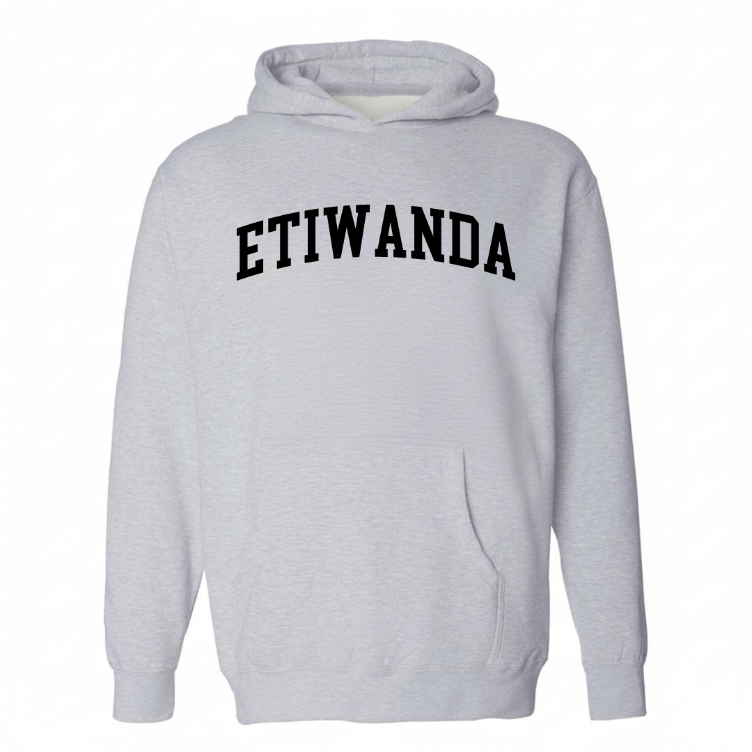 Heather-gray hoodie with the Etiwanda varsity arched lettering design on the chest.