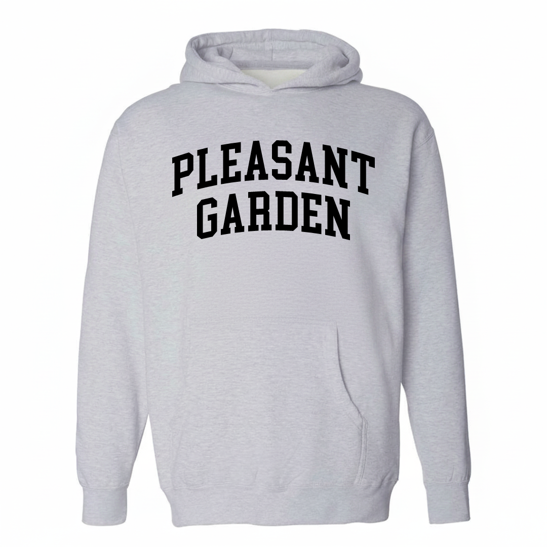 Heather-gray hoodie with the Pleasant Garden arched lettering varsity-collegiate design on the chest.