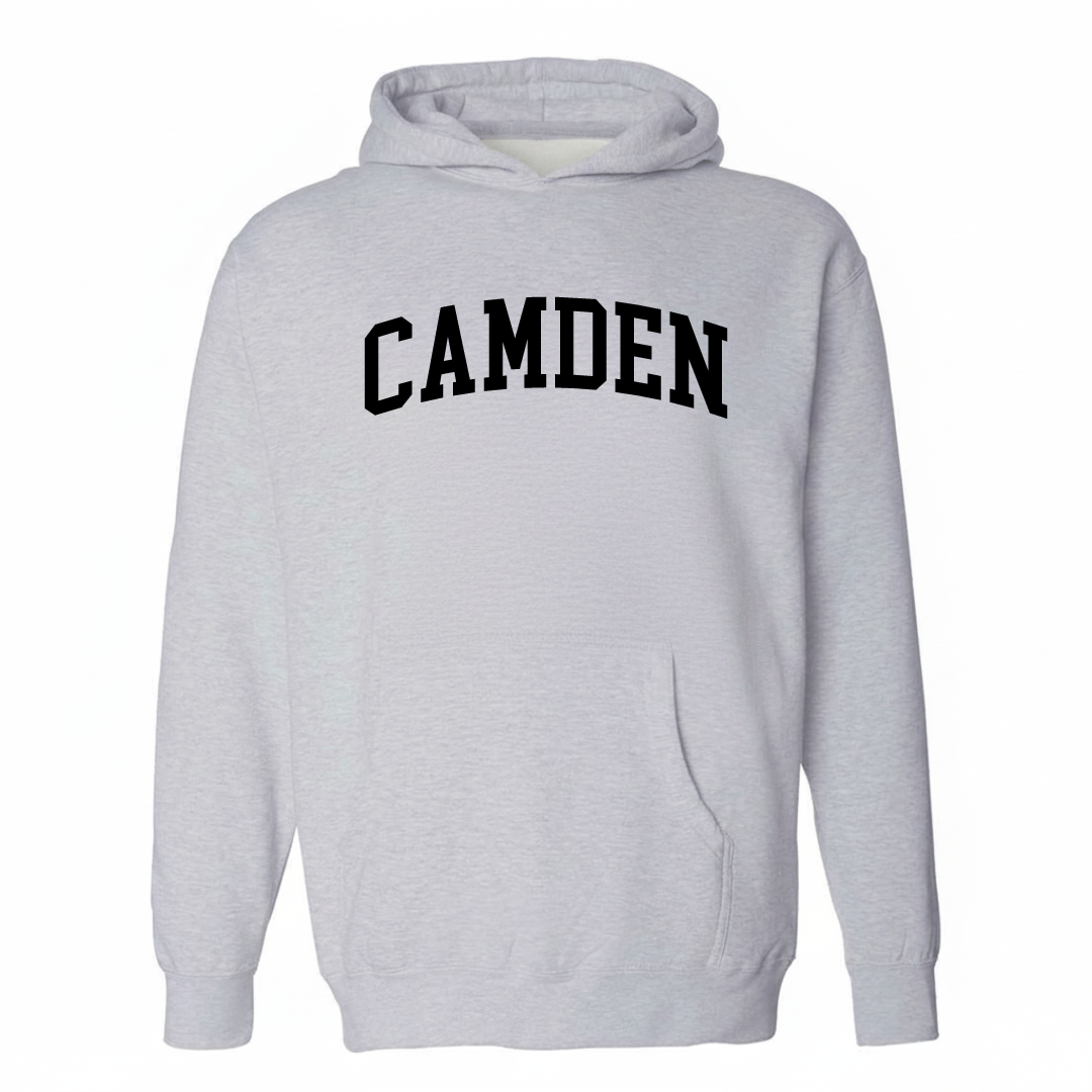 Heather-gray hoodie with the Camden Delaware arched lettering design on the chest.