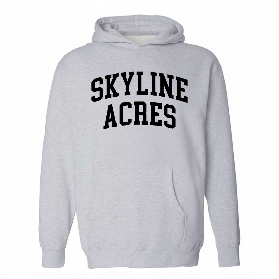 Heather-gray hoodie with the Skyline Acres varsity arched lettering design on the chest.