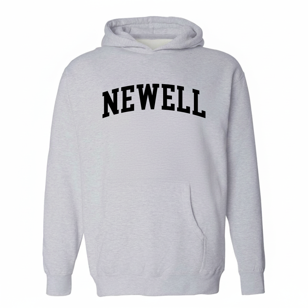 Heather-gray hoodie with the Newell varsity arched lettering design on the chest.