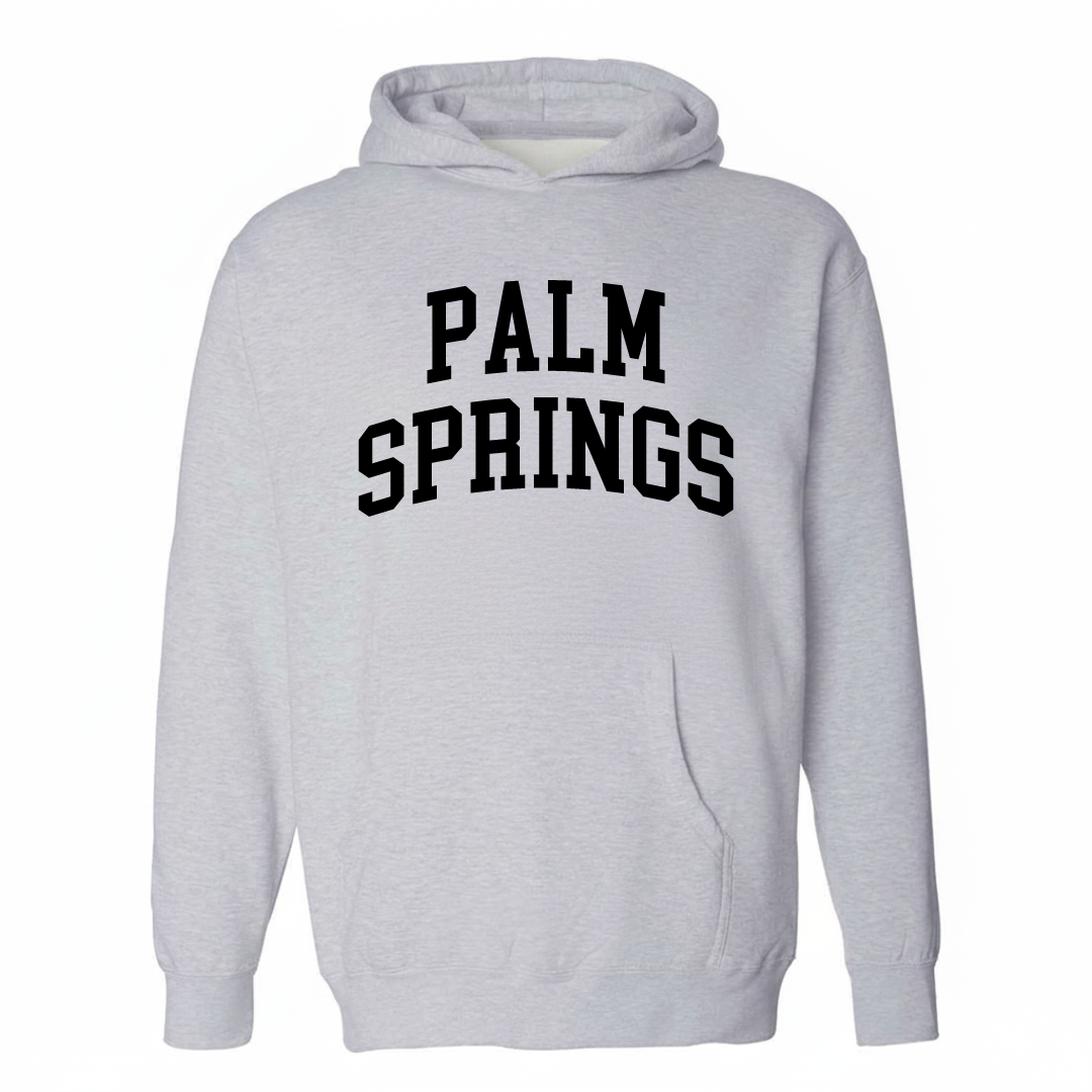 Heather-gray hoodie with the Palm Springs arched varsity lettering design on the chest.