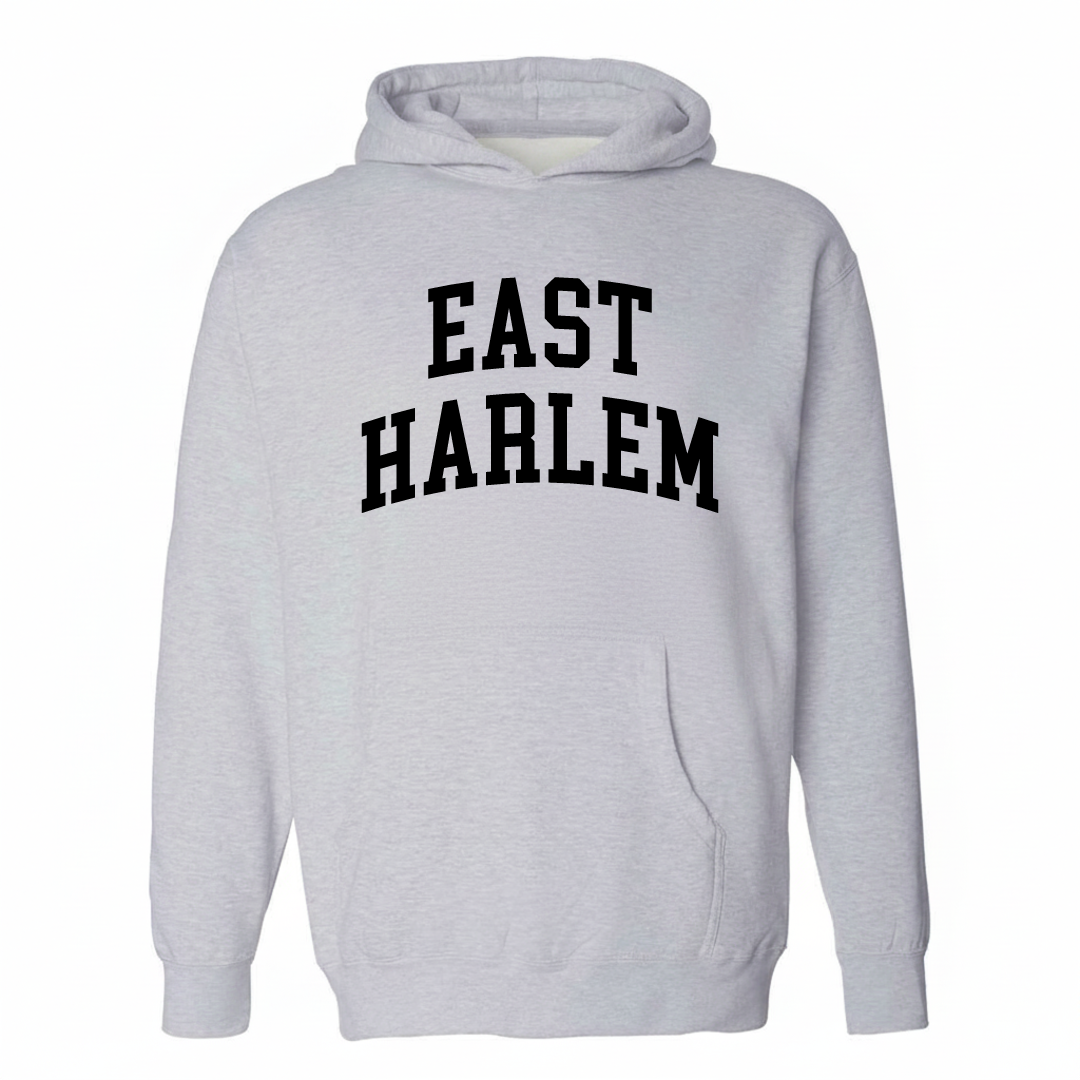Heather-gray hoodie with the East Harlem varsity arched lettering design on the chest.