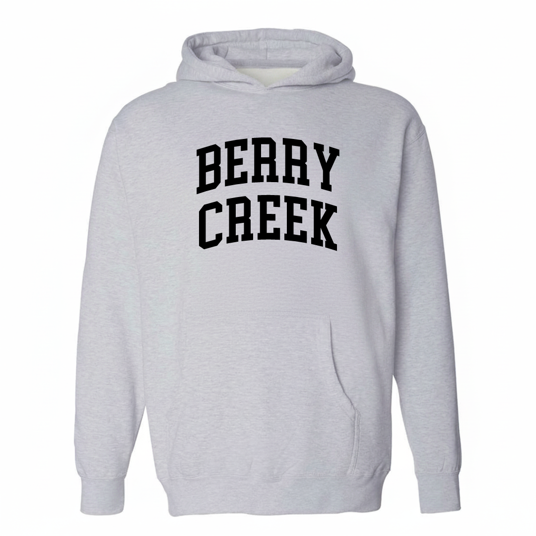Heather-gray hoodie with the Berry Creek varsity arched lettering design on the chest.