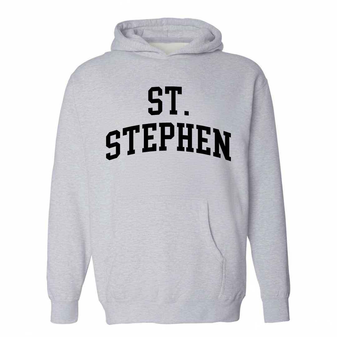 Heather-gray hoodie with the St. Stephen varsity arched lettering design on the chest.