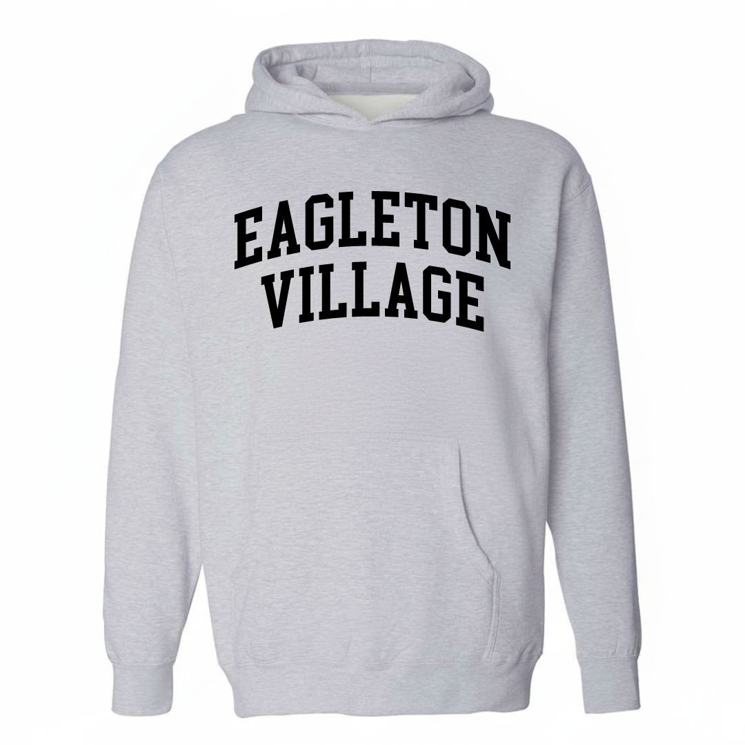 Heather-gray hoodie with the Eagleton Village varsity arched lettering design on the chest.