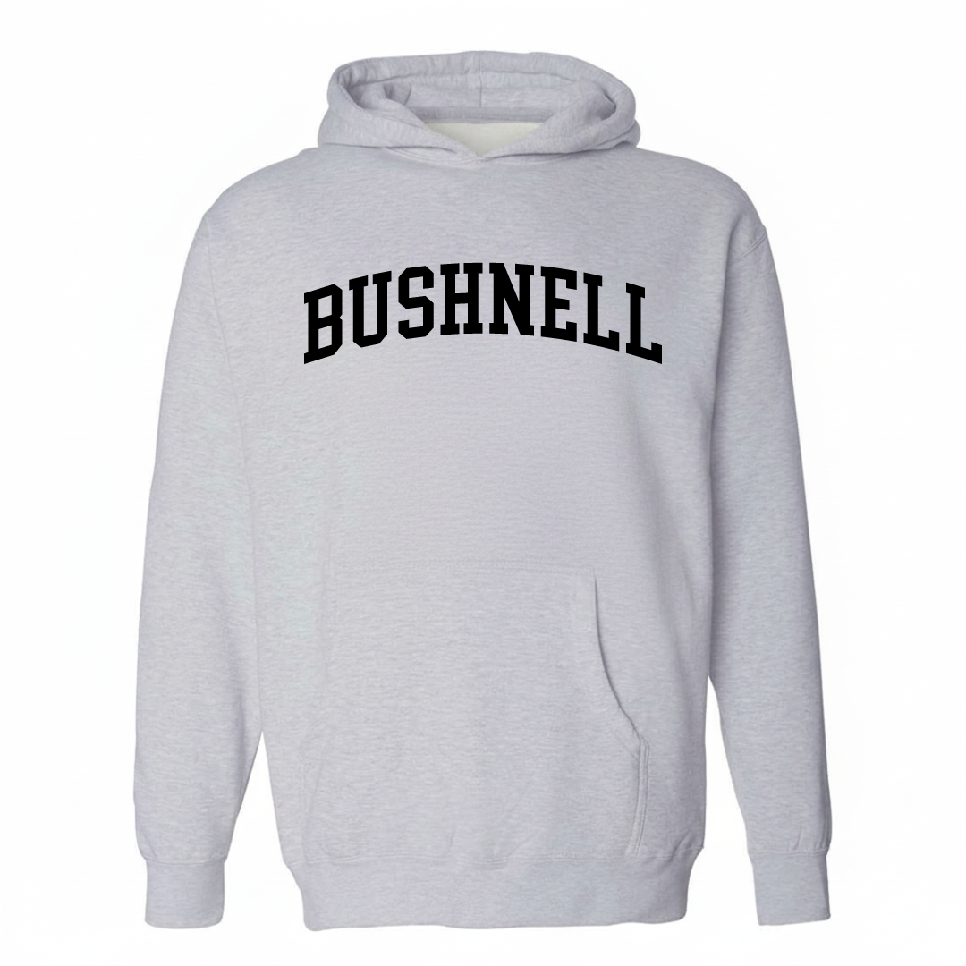 Heather-gray hoodie with the Bushnell arched lettering varsity-collegiate design on the chest.