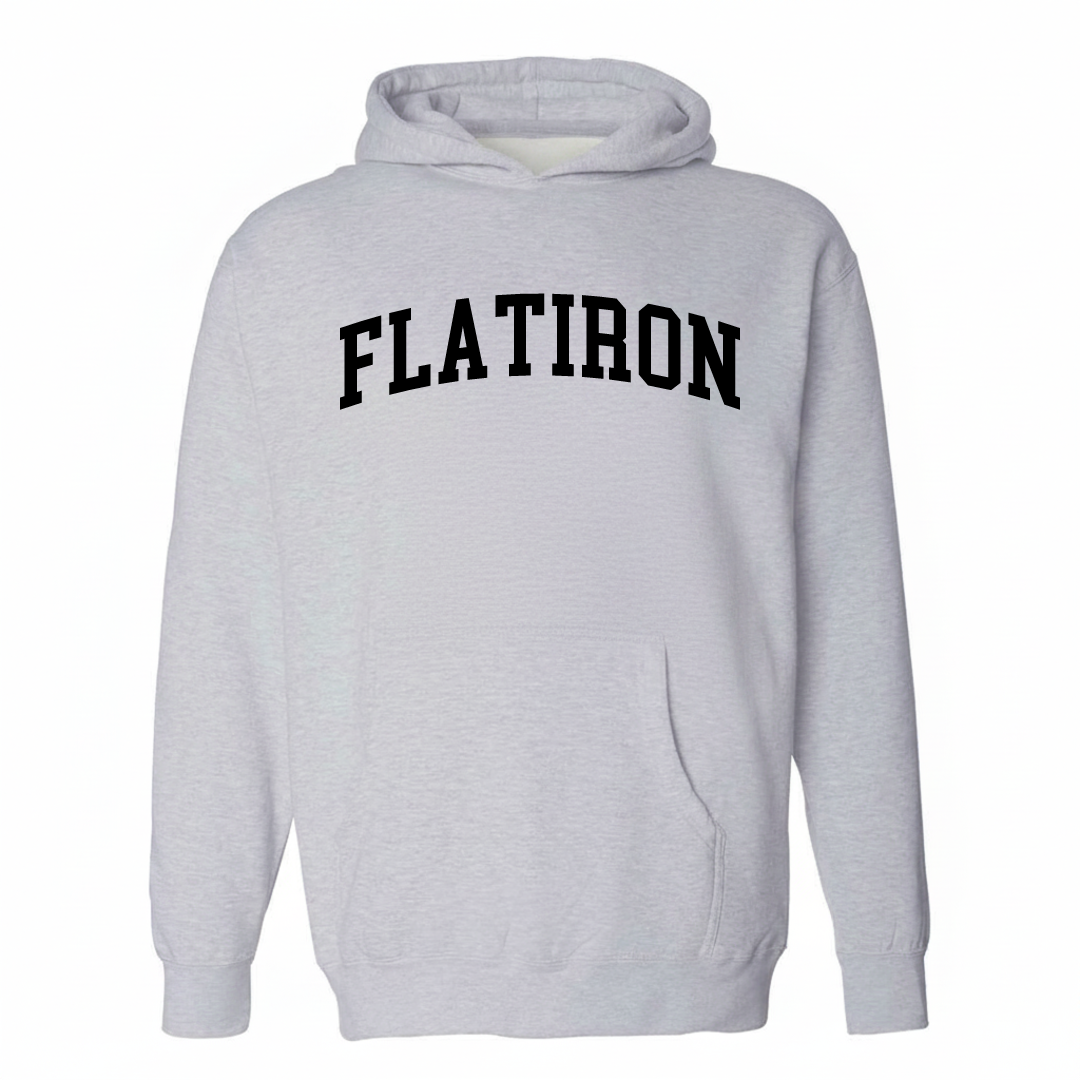 Heather-gray hoodie with the Flatiron varsity arched lettering design on the chest.