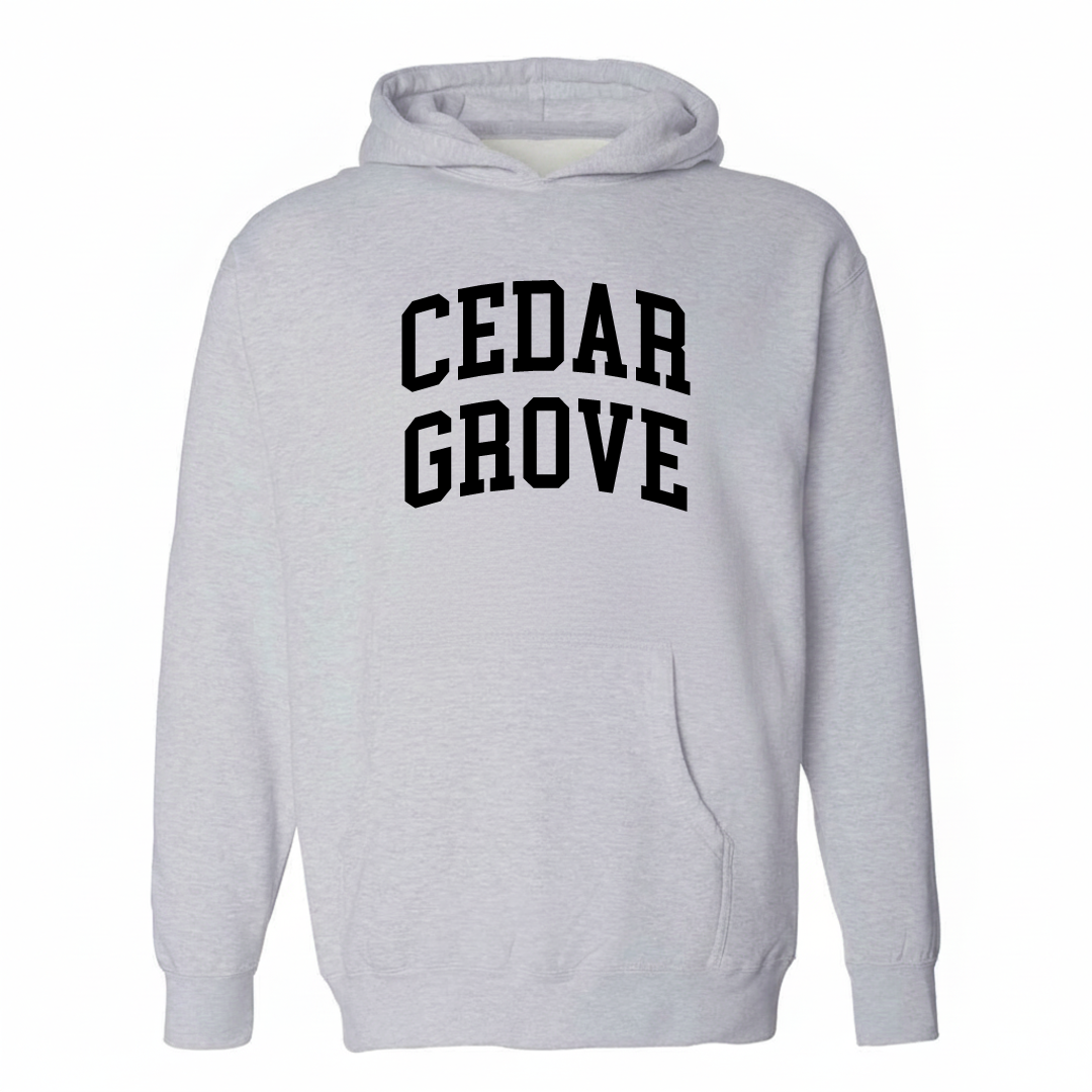 Heather-gray hoodie with the Cedar Grove arched varsity lettering design on the chest.
