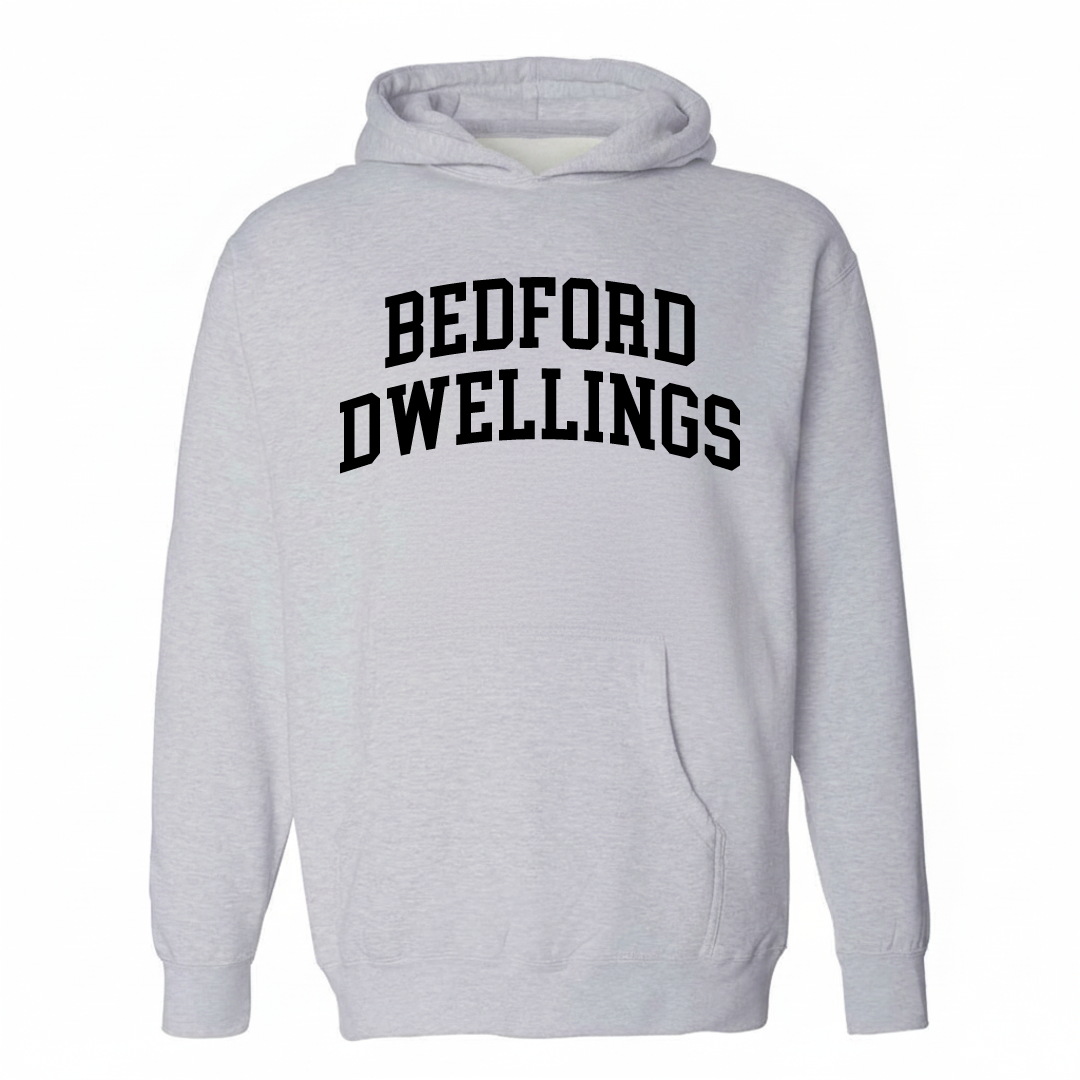 Heather-gray hoodie with the Bedford Dwellings varsity arched lettering design on the chest.
